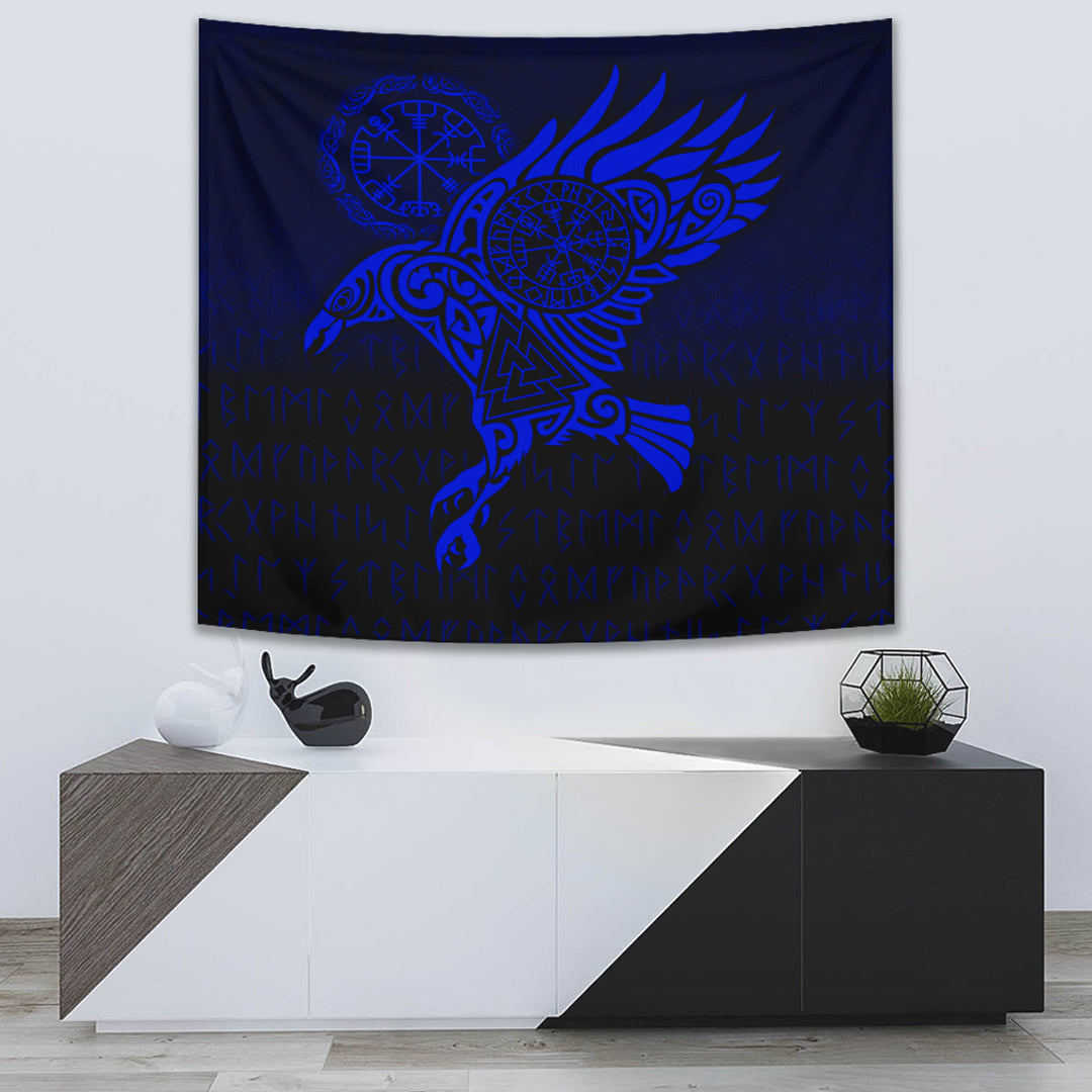 Viking Tapestry - Raven Vegvisir Tattoo - Blue Version Tapestry RLT12 - Wonder Print Shop