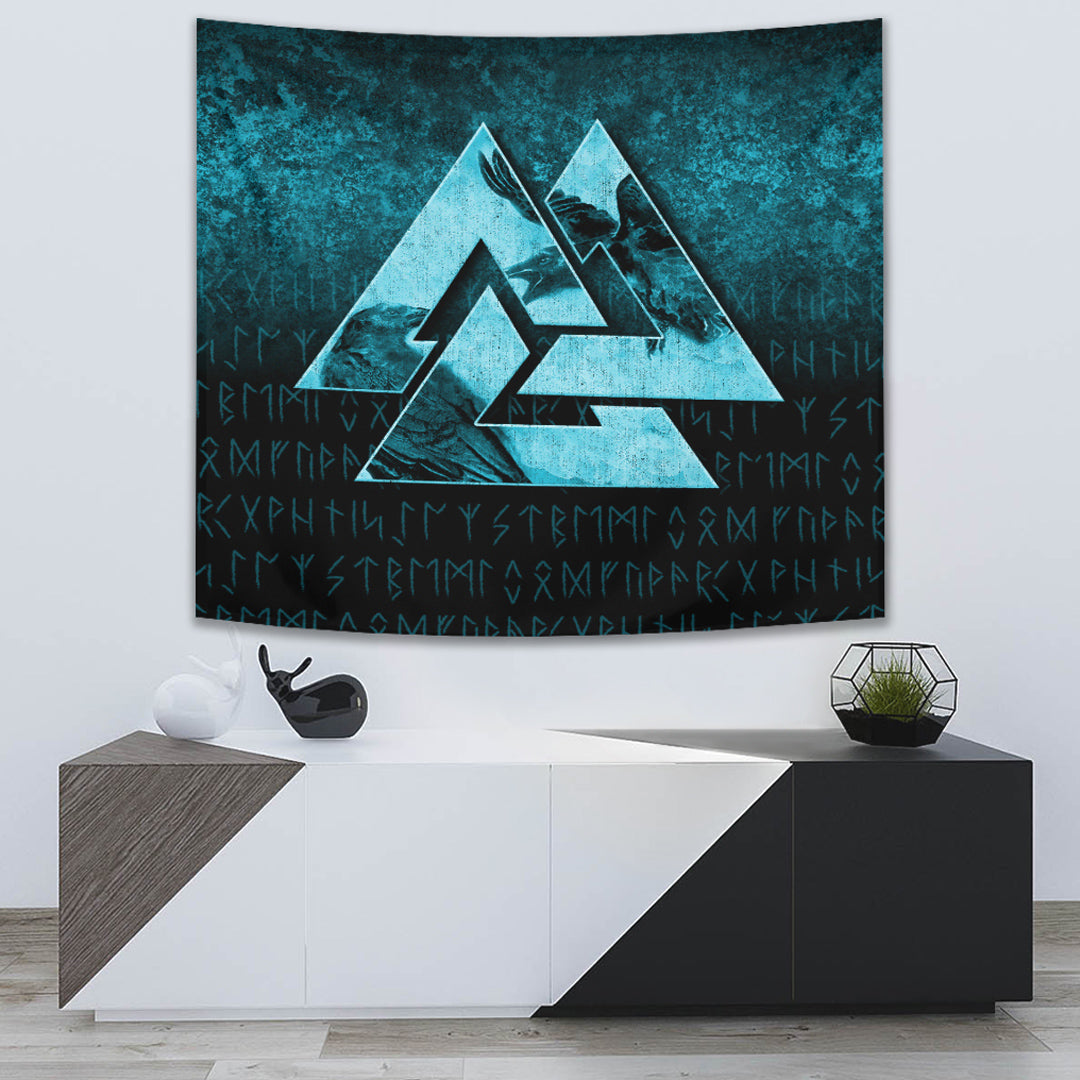 Viking Tapestry - Huginn Muninn Ravens from Odin Viking - Cyan Version Tapestry RLT12 - Wonder Print Shop