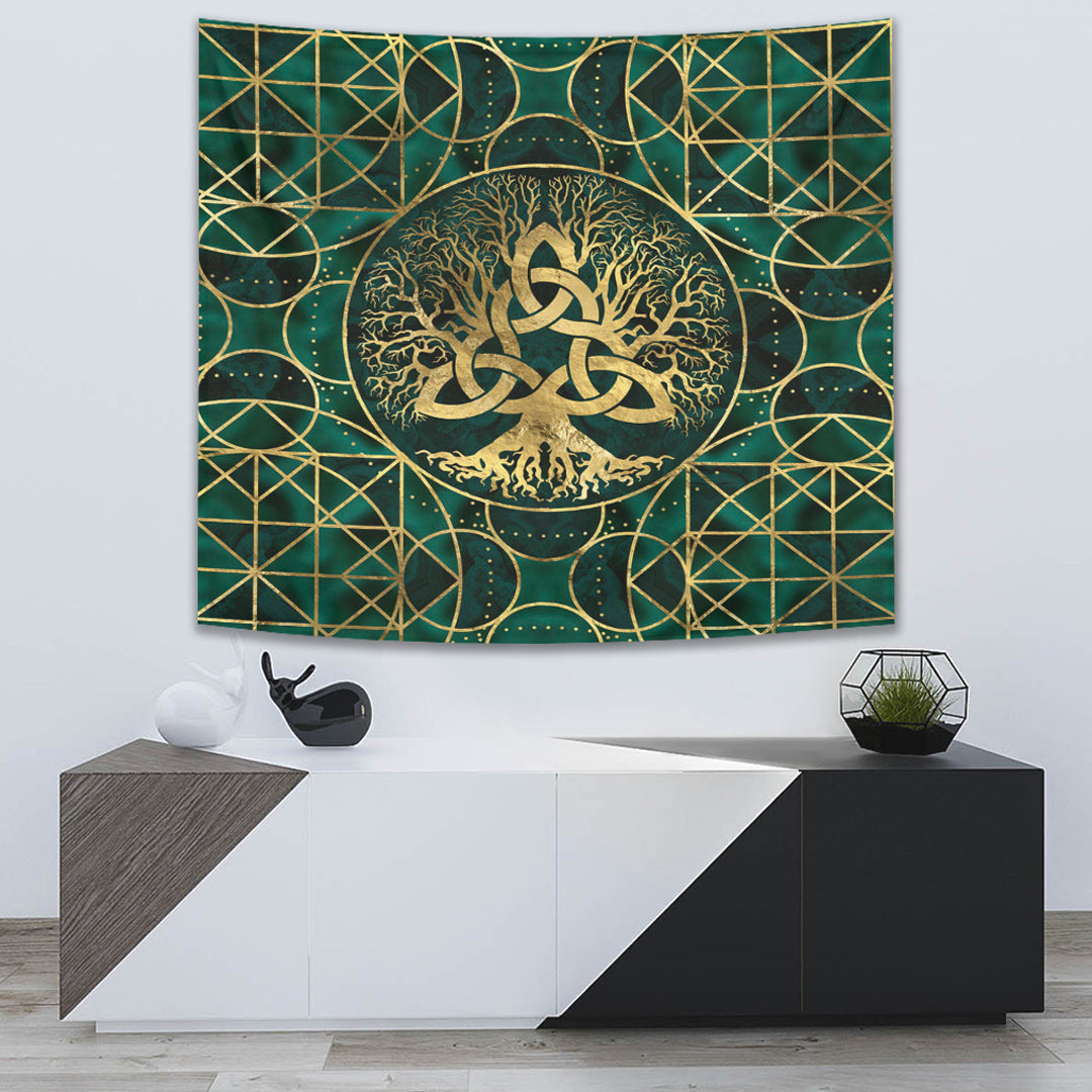 Viking Tapestry - Tree Of Life with Triquetra Malachite and Gold Tapestry RLT12 - Wonder Print Shop