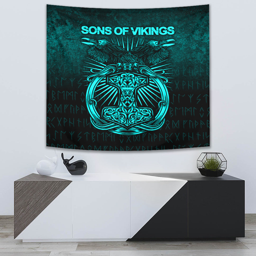 Viking Tapestry - Vikings Ravens Mjolnir - Cyan Version Tapestry RLT12 - Wonder Print Shop