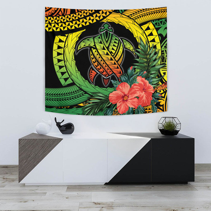 Circular turtle hibiscus tapestry wall art, green, yellow, black tribal design