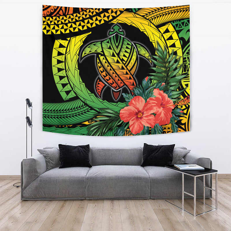 Circular turtle hibiscus tapestry wall hanging with red flower and green tribal motifs