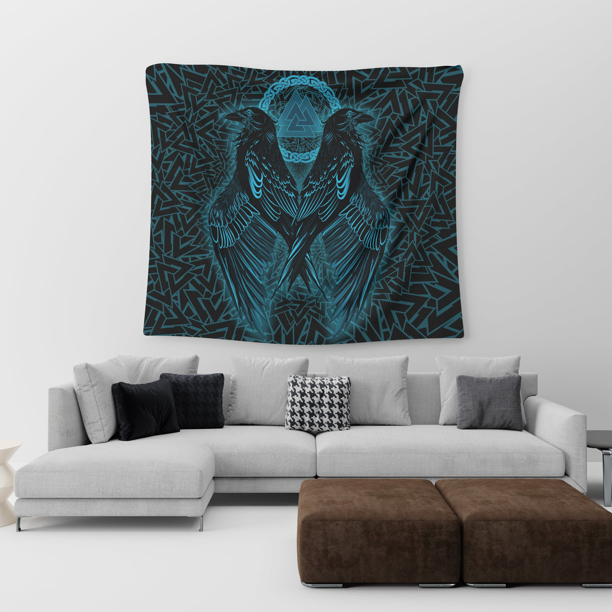 Viking Tapestry Raven Valknut Cyan RLT12 - Wonder Print Shop