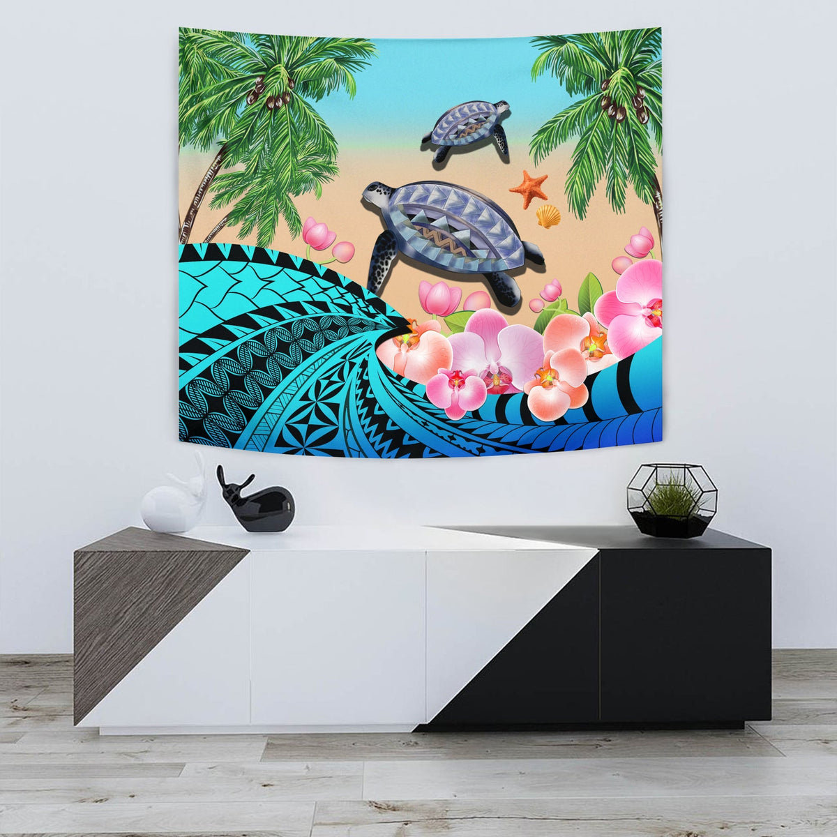 Polynesian Turtle Coconut Tree And Orchids Tapestry - Wonder Print Shop