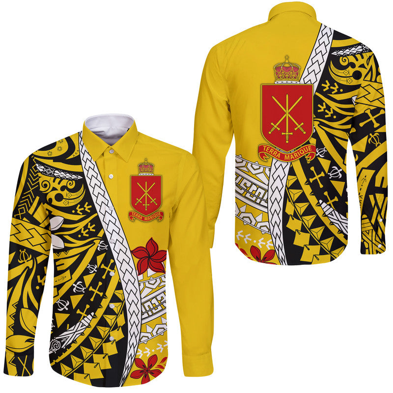 Tonga Terra Marique Hawaii Long Sleeve Button Shirt Gold Polynesian Minimalist Style - Wonder Print Shop