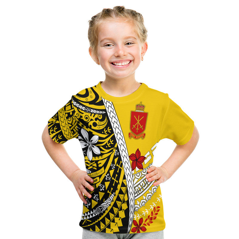Tonga Terra Marique T-shirt, gold with front crest and hibiscus floral accents on graphic