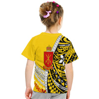 Tonga Terra Marique T-shirt, gold with back crest and geometric patterns with red floral details