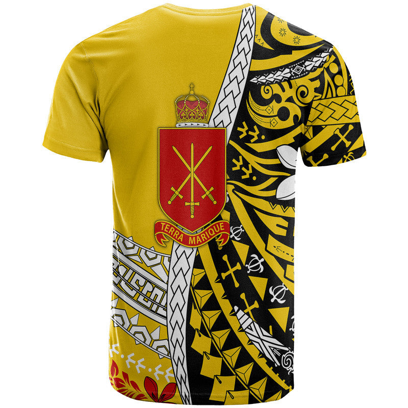 Tonga Terra Marique T-shirt, gold with large crest and black yellow patterned side panels