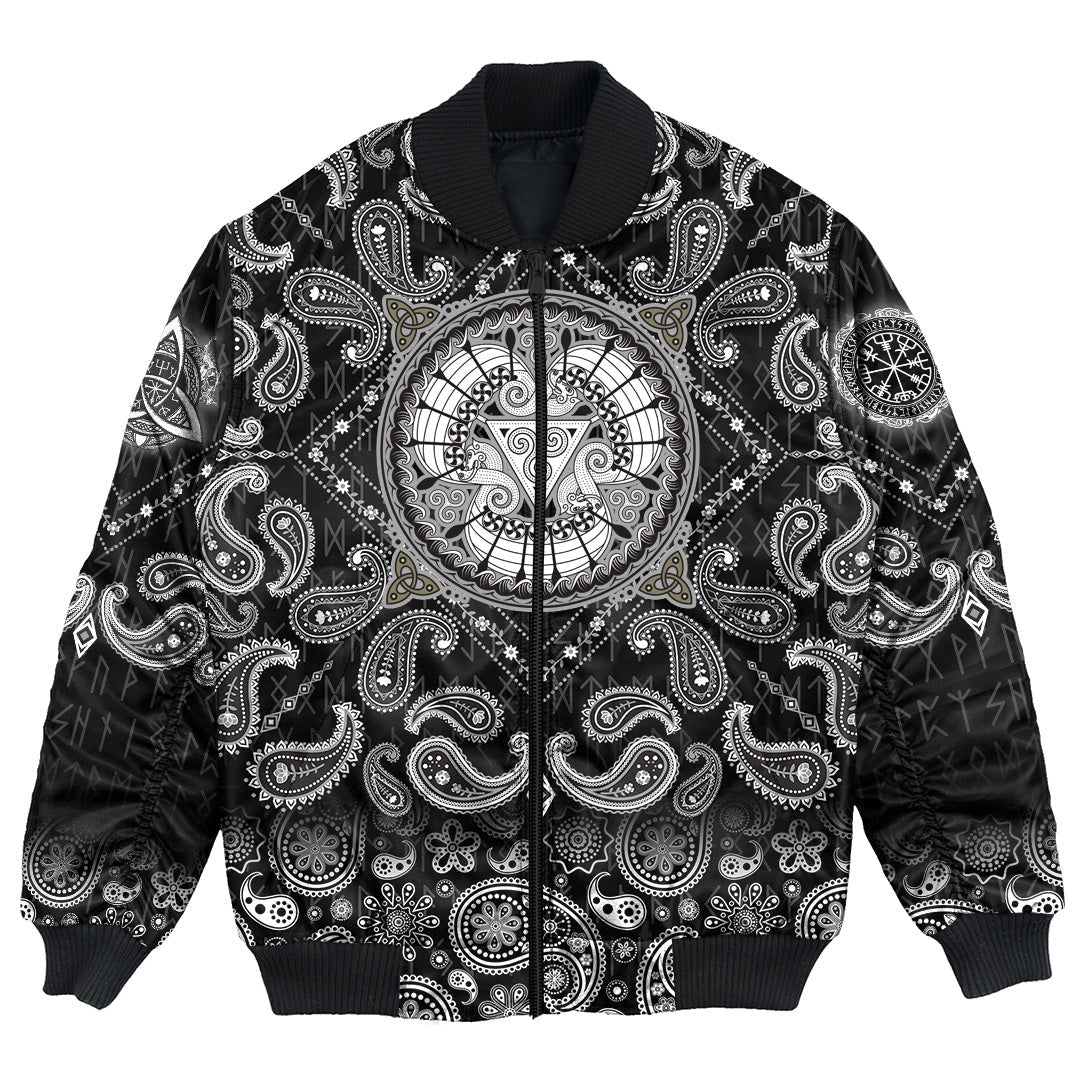 Viking Bomber Jacket The Three Scandinavian Ships Drakkar with Bandana Paisley Style RLT12 - Wonder Print Shop