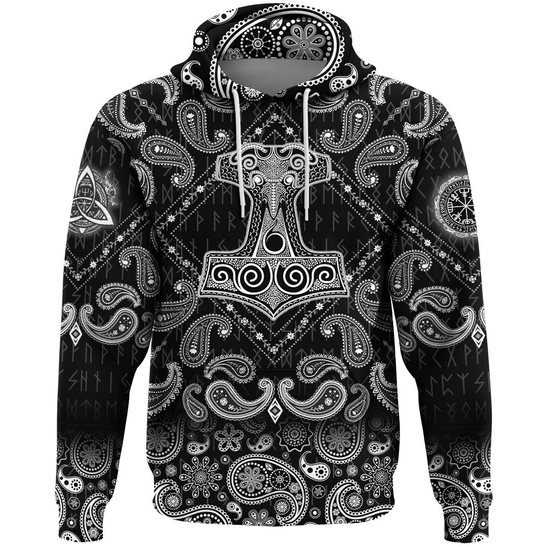Viking Hoodie Thor Hammer Mjolnir with Bandana Paisley Style RLT12 - Wonder Print Shop