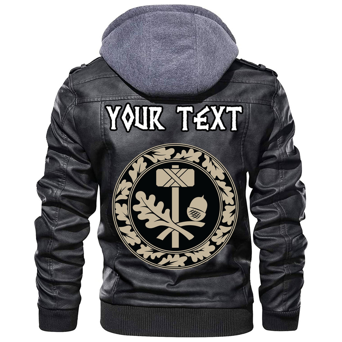 (Custom) Wonder Print Shop - Thors Hammer Mjolnir And The Scandinavian Oak Leaf Ornament Leather Jacket RLT12 - Wonder Print Shop
