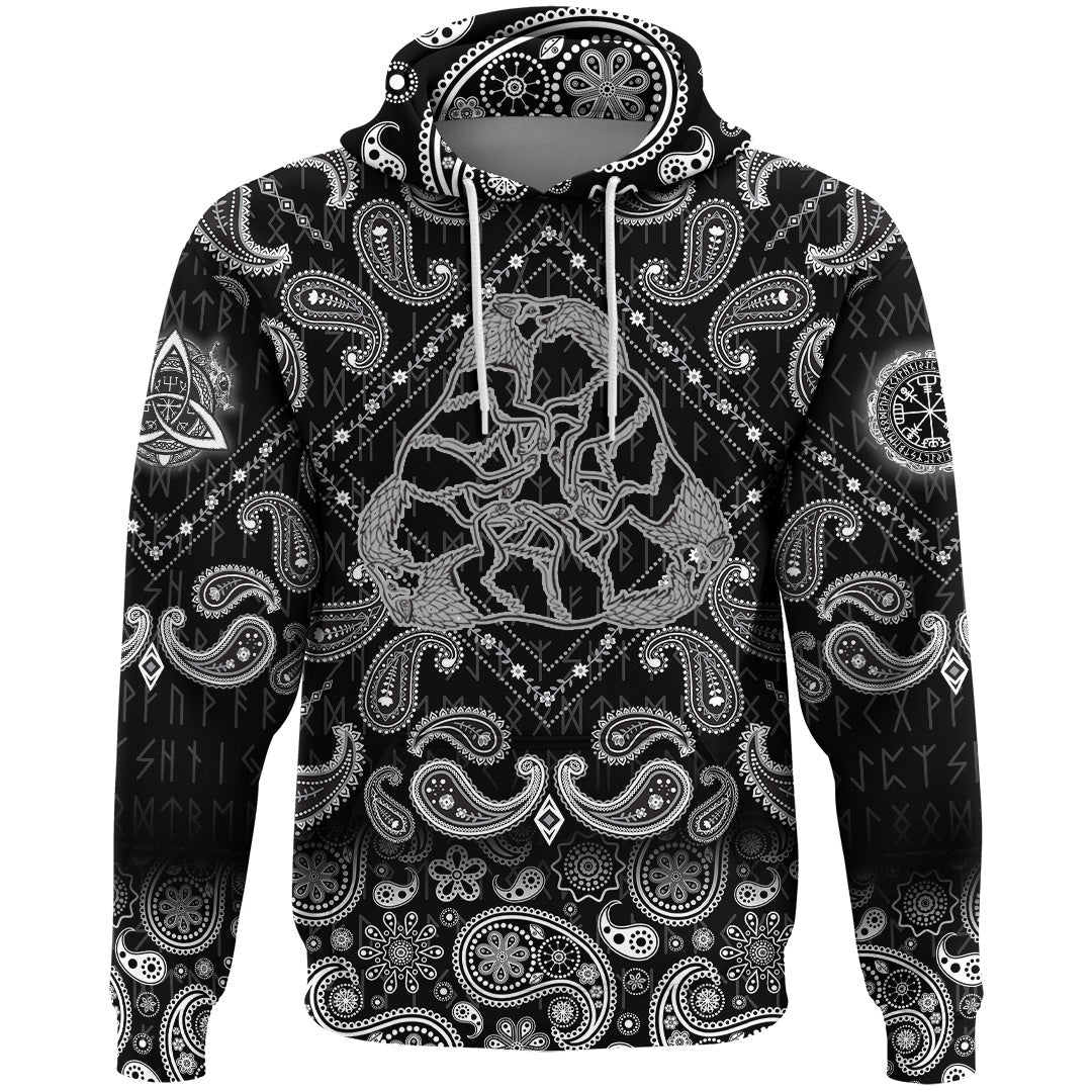 Viking Hoodie Three Wolves Fantasy Ornament Black and White with Bandana Paisley Style RLT12 - Wonder Print Shop