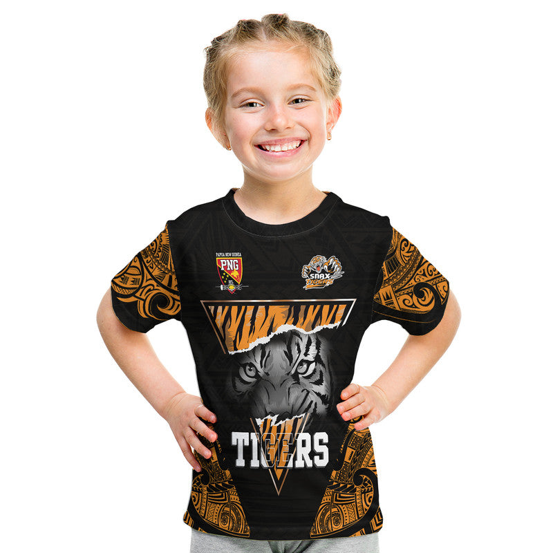 Black kids T-shirt with tiger face graphic, TIGERS text, and orange tribal sleeves