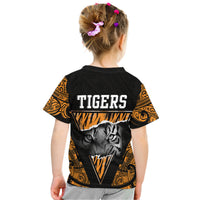 Black kids T-shirt back with TIGERS text, tiger face graphic, and orange tribal prints
