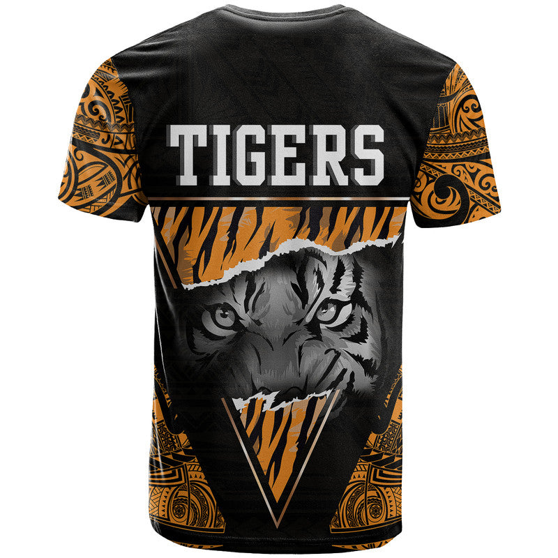 Black T-shirt with back tiger face and TIGERS text, orange tribal side prints