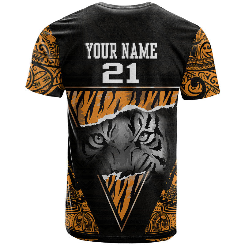 Black T-shirt with tribal orange sleeves and tiger face graphic, “YOUR NAME 21” on back.
