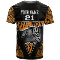 Black T-shirt with tribal orange sleeves and tiger face graphic, “YOUR NAME 21” on back.