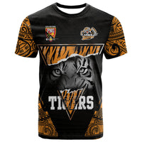 Black T-shirt with tiger face graphic and orange tribal sleeve prints