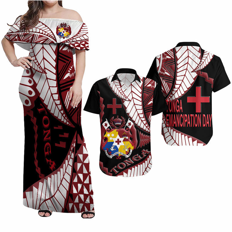 Gift For Couple - Tonga Emancipation Day Matching Hawaiian Shirt And Dress Kupesi Pattern No.1 Black LT9 - Wonder Print Shop