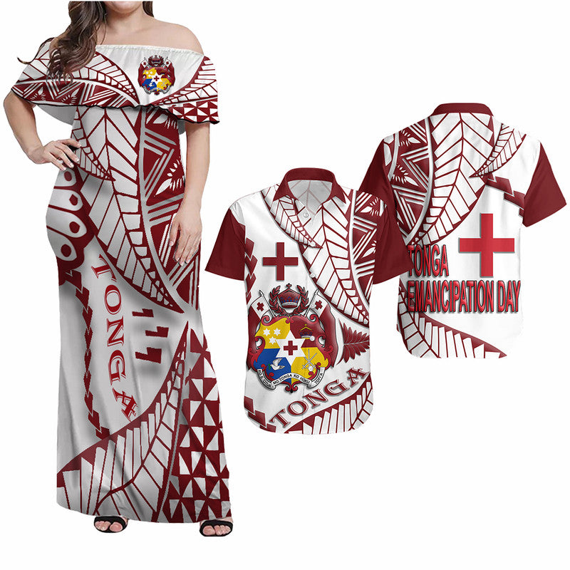 Gift For Couple - Tonga Emancipation Day Matching Hawaiian Shirt And Dress Kupesi Pattern No.1 White LT9 - Wonder Print Shop