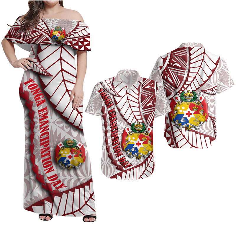 Gift For Couple - Tonga Emancipation Day Matching Hawaiian Shirt And Dress Kupesi Pattern No.2 White LT9 - Wonder Print Shop