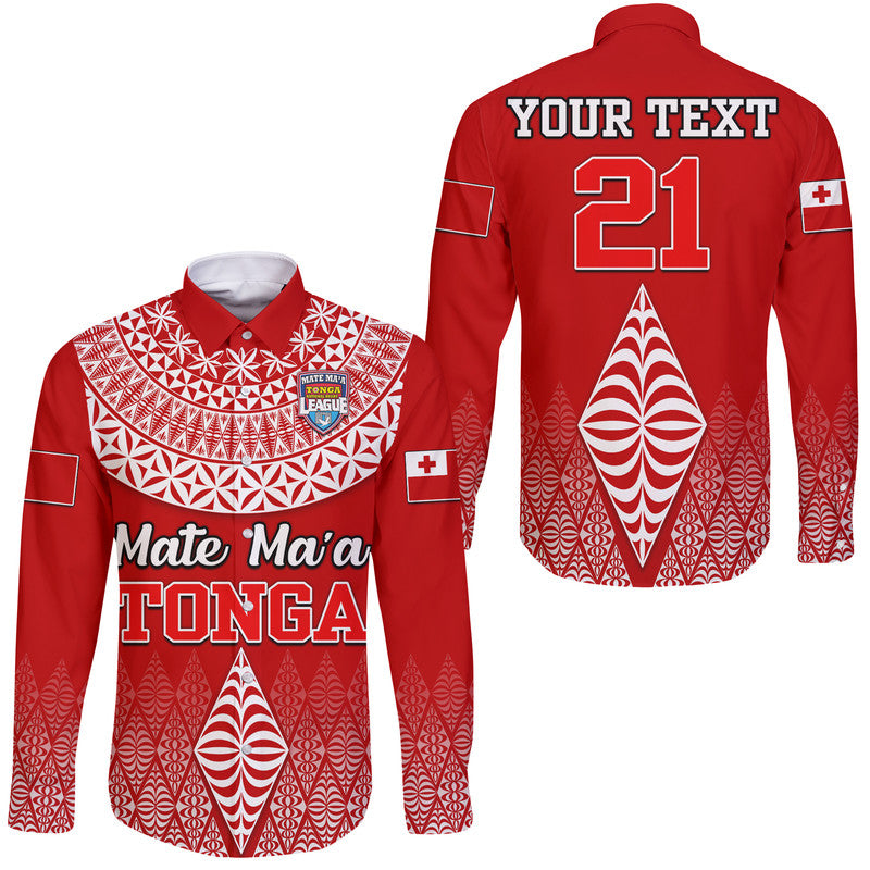 Custom Personalised Mate Ma'a Tonga Rugby Hawaii Long Sleeve Button Shirt Tongan Kupesi Ngatu Style - Wonder Print Shop