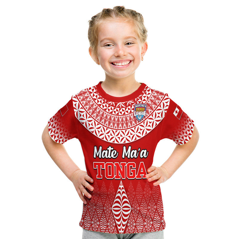 Kids red rugby T-shirt with white yoke pattern and Mate Ma'a TONGA lettering