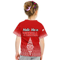 Kids red rugby T-shirt back with Mate Ma'a TONGA text and sail graphic