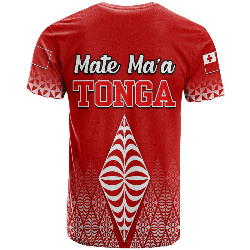 Red rugby T-shirt back with large Mate Ma'a TONGA text and sail emblem