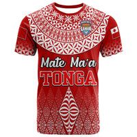 Red rugby t-shirt with white geometric yoke and 'TONGA' front graphic