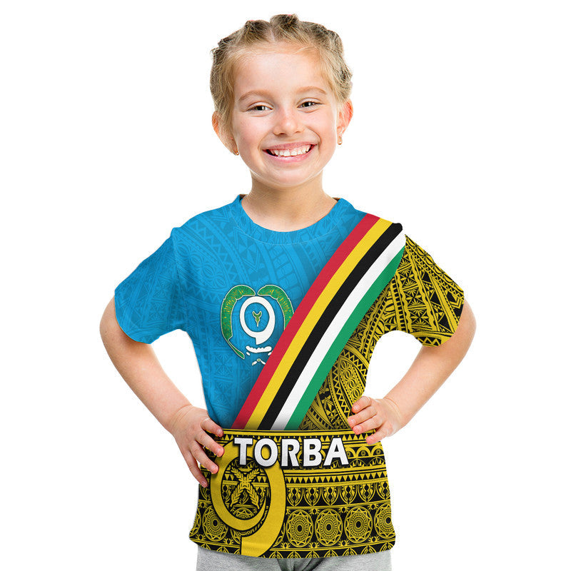 Blue kids Torba T-shirt with front emblem, diagonal flag stripe, and yellow panel print