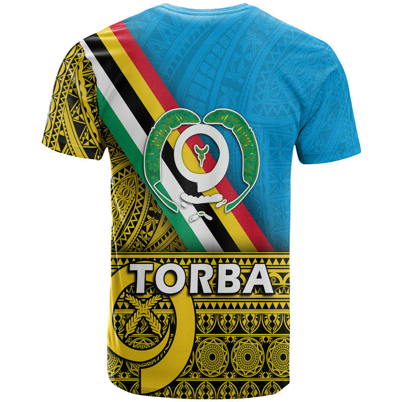 Blue Torba T-shirt with back view, diagonal flag stripe, and large emblem graphic