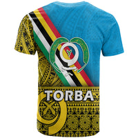Blue Torba T-shirt with back view, diagonal flag stripe, and large emblem graphic
