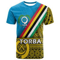 Blue graphic T-shirt with diagonal stripe band and TORBA text
