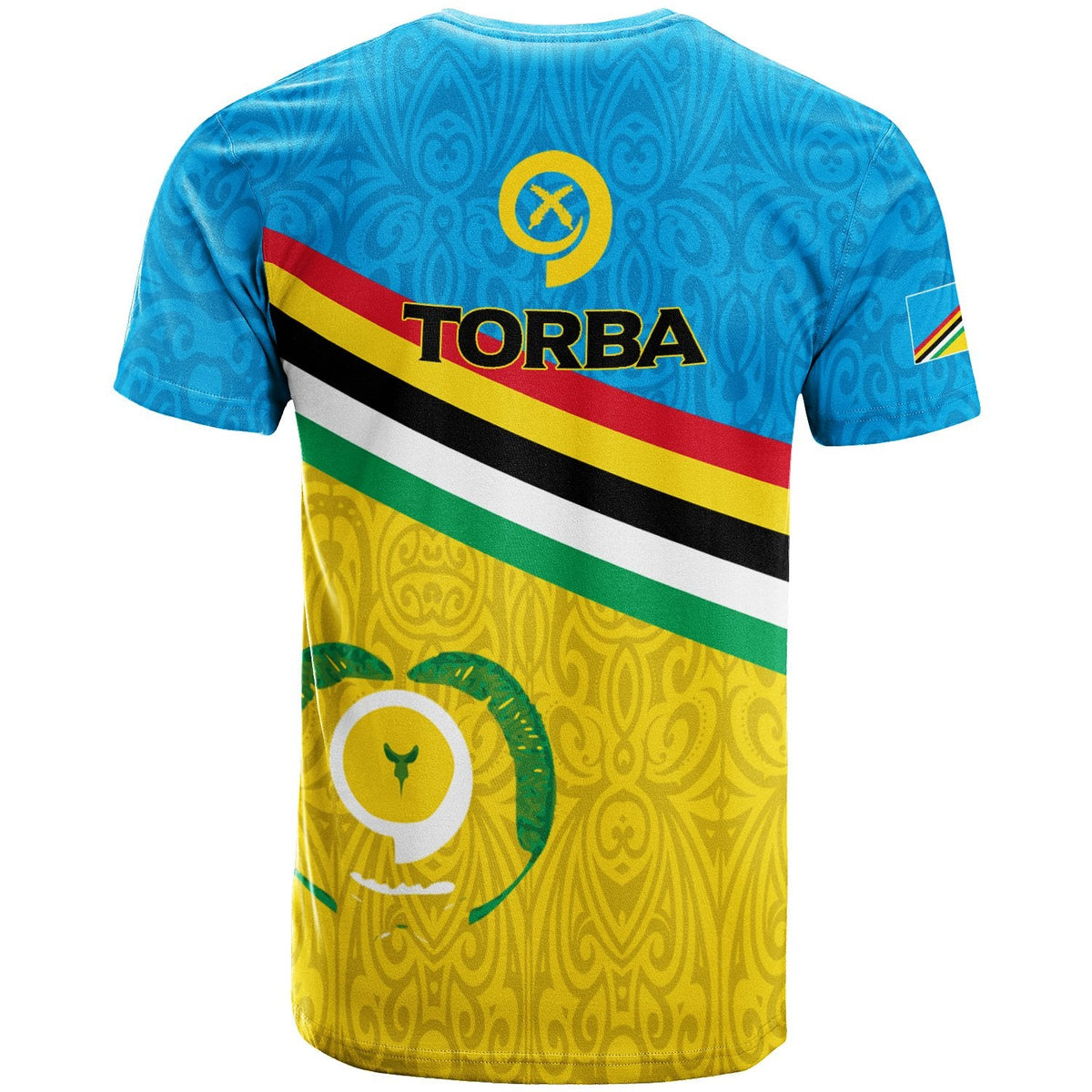 Back view Torba flag style T-shirt in blue and yellow with stripes and circular emblem