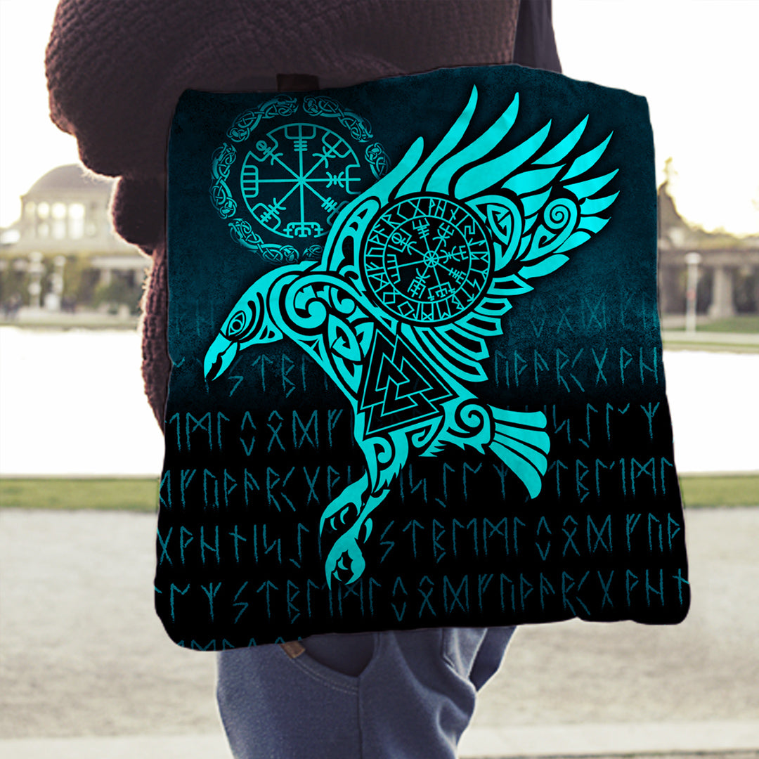 viking-tote-bag-raven-vegvisir-tattoo-cyan-version-tote-bag