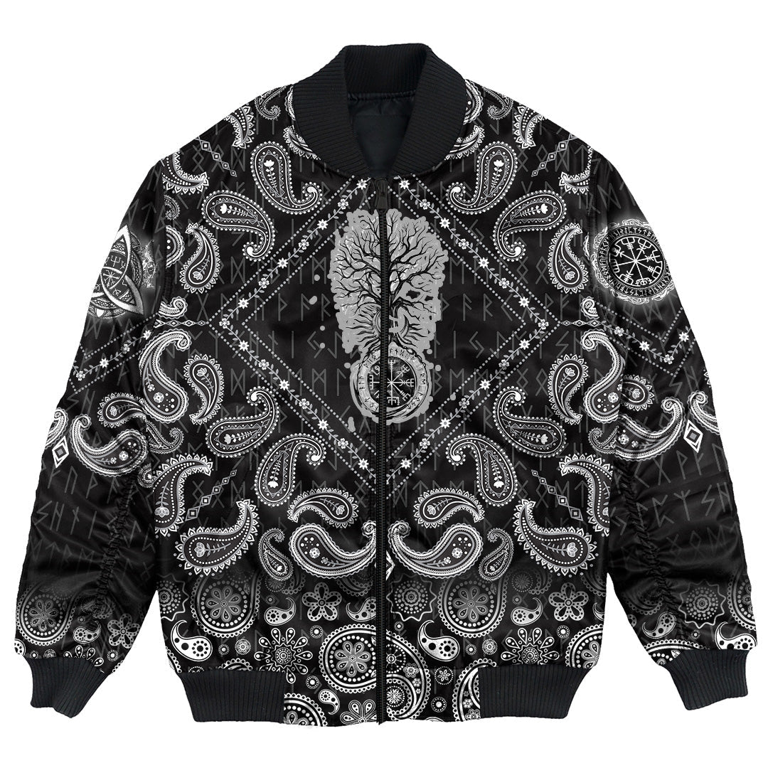 Viking Bomber Jacket Tree With Traditional Vegvisir and Historical Sun with Bandana Paisley Style RLT12 - Wonder Print Shop
