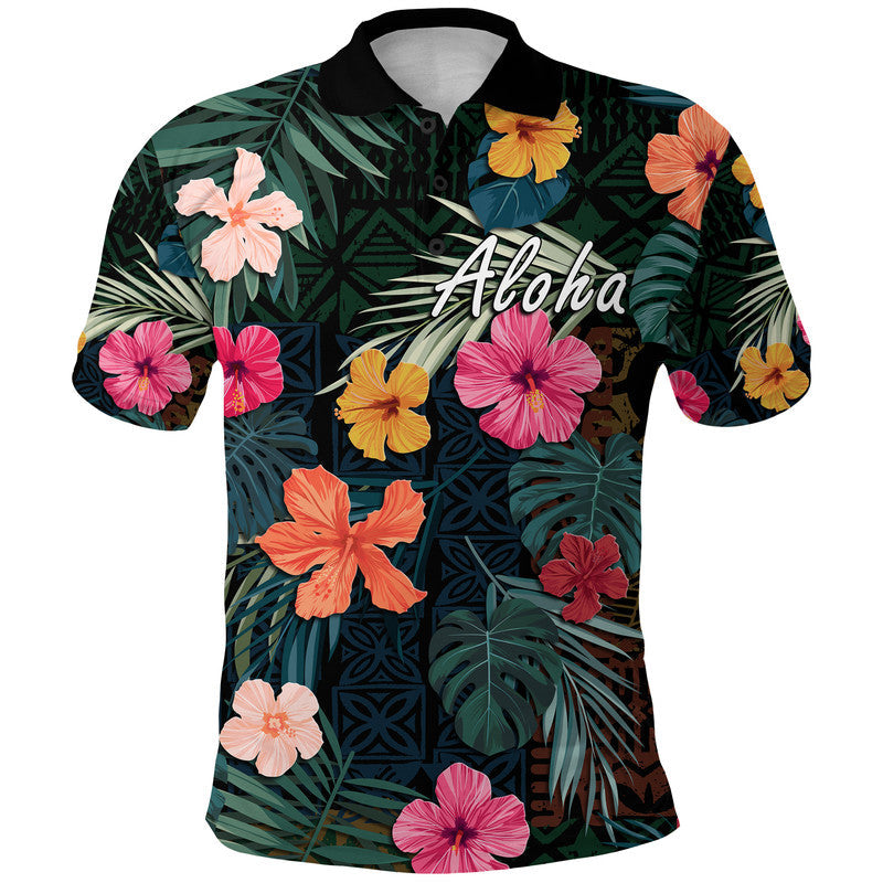 Hawaii Polo Shirt Tribal Elements And Hibiscus Version - Wonder Print Shop