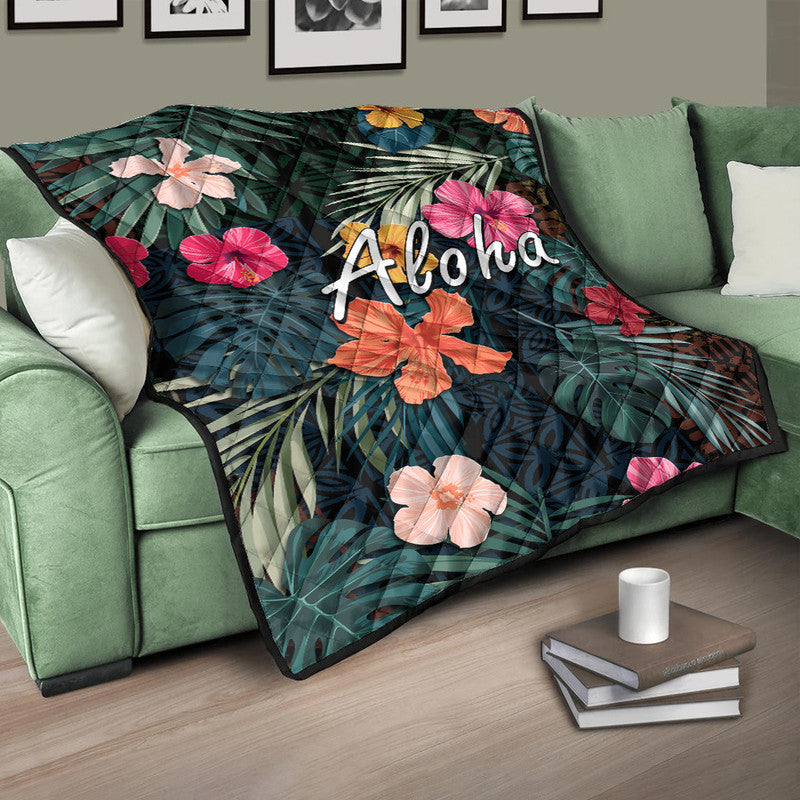 Hawaii Premium Quilt Tribal Elements And Hibiscus Version - Wonder Print Shop