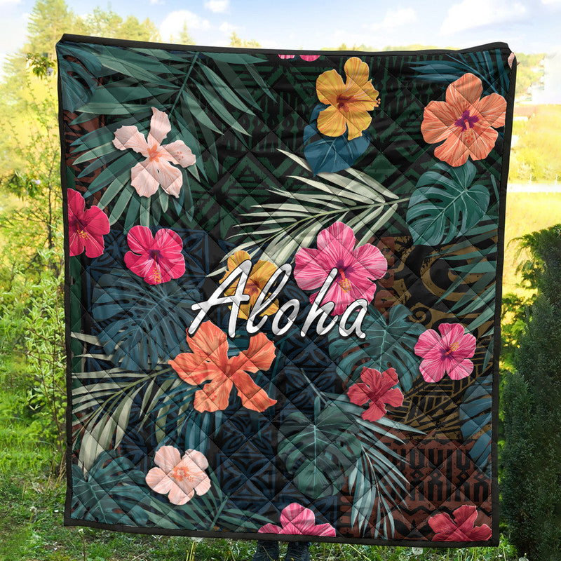 Hawaii Premium Quilt Tribal Elements And Hibiscus Version - Wonder Print Shop