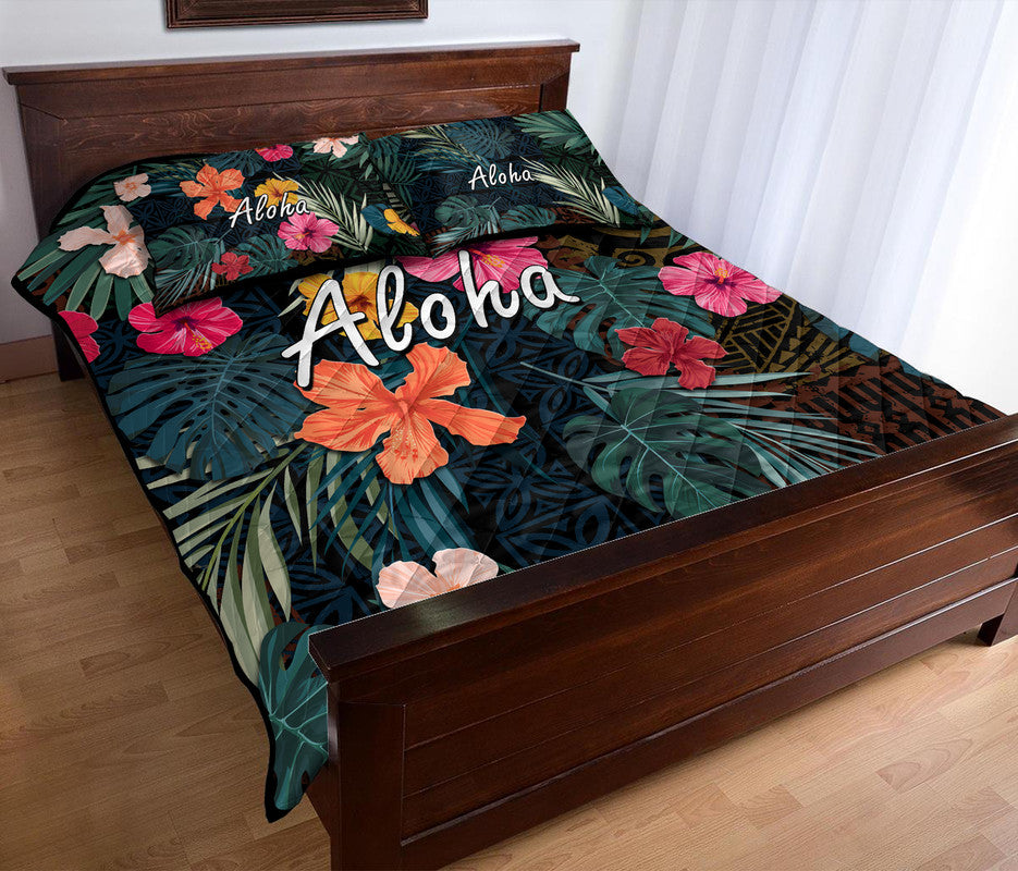 Hawaii Quilt Bed Set Tribal Elements And Hibiscus Version - Wonder Print Shop