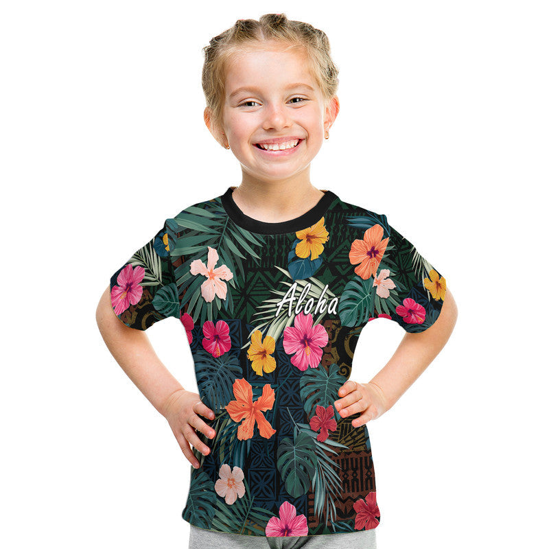 Hawaiian T-shirt, short-sleeve, tropical hibiscus and 'Aloha' print on dark green