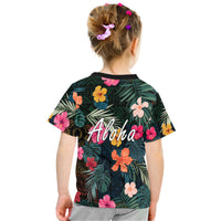 Hawaiian T-shirt back with tropical hibiscus and leaf print, 'Aloha' text