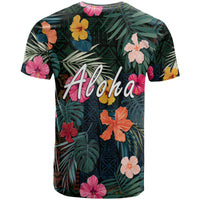 Hawaiian T-shirt with large 'Aloha' text and tropical hibiscus leaf print, dark green