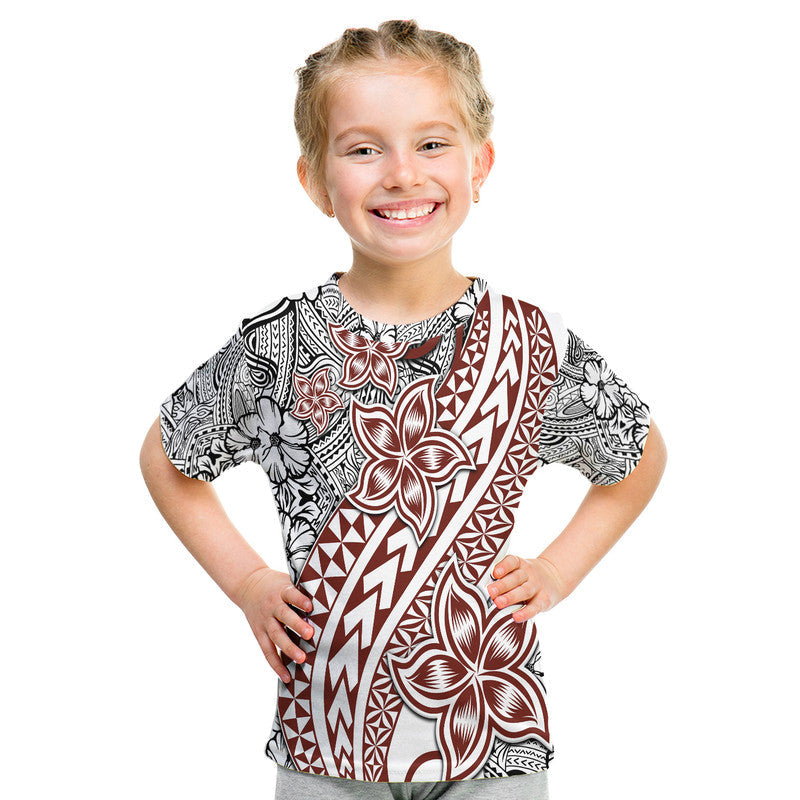 Polynesian tattoo T-shirt with large central flower and zigzag border in red and black