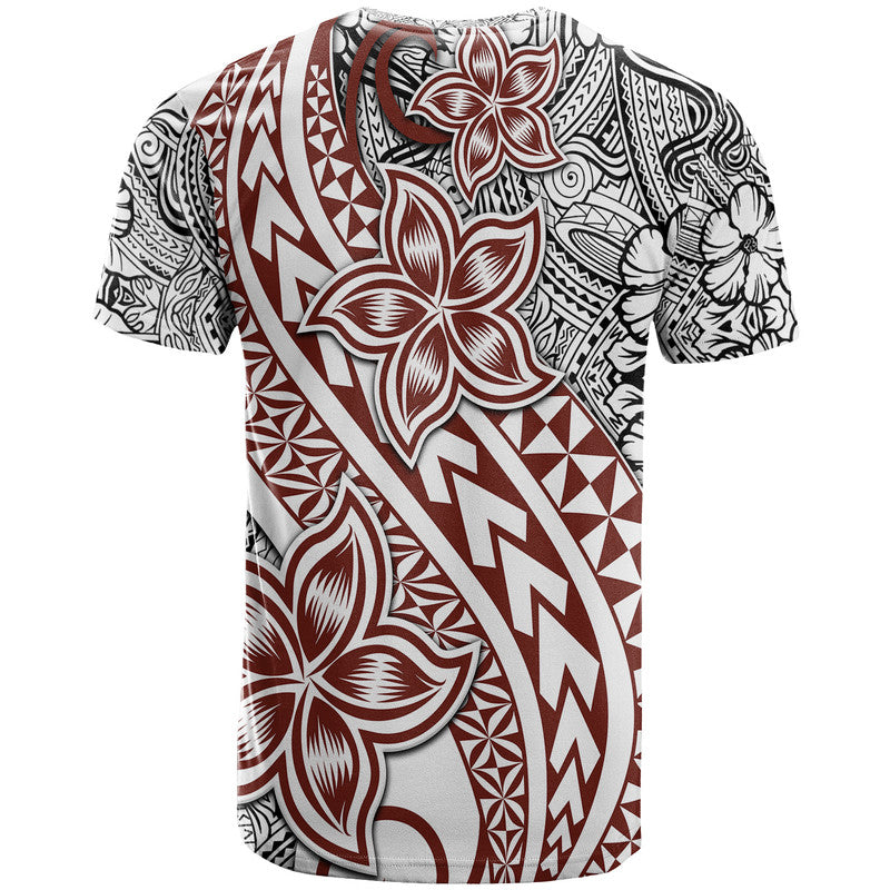 Polynesian tattoo T-shirt, angled view, bold diagonal motif with hibiscus-style flowers