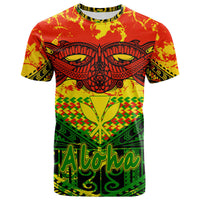 Tribal Aloha T-shirt with red/yellow/green and black eye and floral print