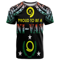 Black graphic T-shirt with yellow 'PROUD TO BE' text, stars, and tribal emblem