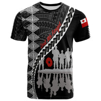 Black T-shirt with soldier silhouettes, red poppy, and Lest We Forget print