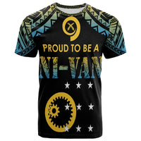 Black Vanuatu T-shirt with yellow Polynesian graphic, stars, front text PROUD TO BE A